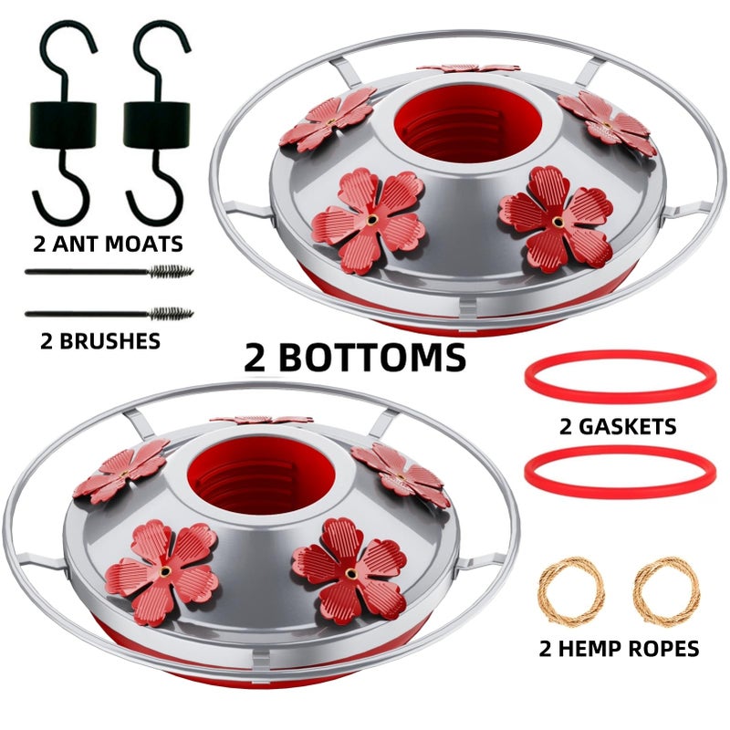 WOSIBO 2 Pack Hummingbird Feeder Base Replacement Part Accessories Set - Includes 2 Pcs Bottom Base, Moat Hooks, Seal Rings, Brushes and Hanging Ropes (2, Silver) - Image 2